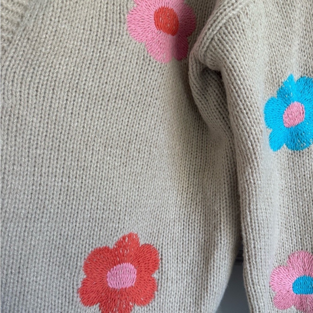 BiBi Groovy Flower Power Chunky Sweater Beige Kidcore Cardigan Hippie Boho - Picture 6 of 13